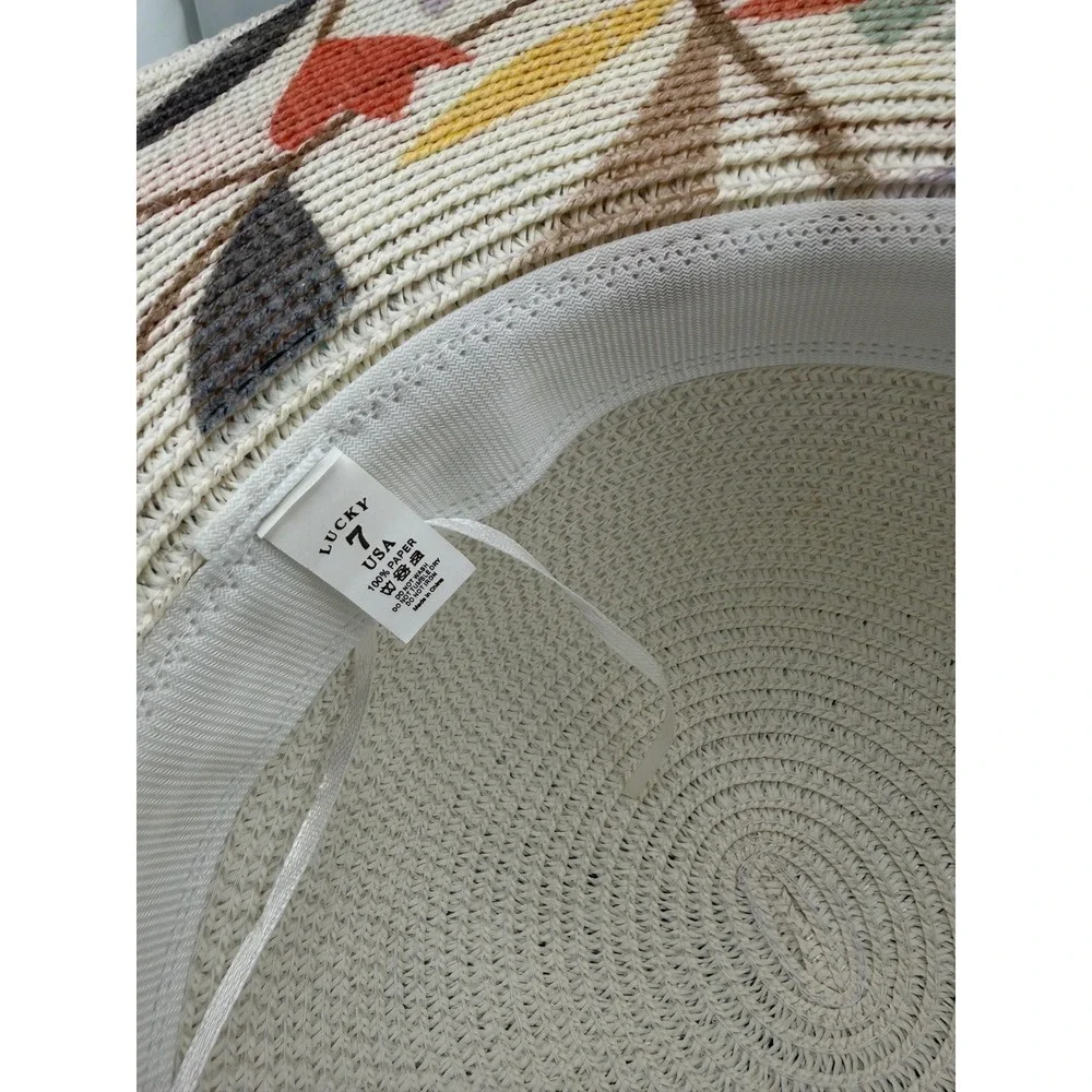 Lucky‎ 7 USA Womens Wide Brim Paper Straw Sun Hat Floral UV Protection Cream
